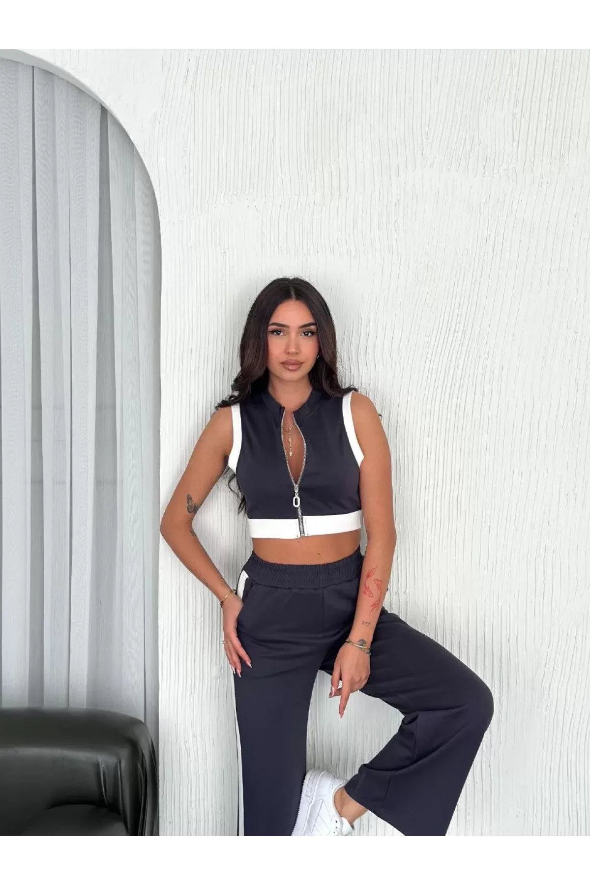 Osy Modal Yumuşak Dokulu Kumaş Tam Fermuarlı Crop Pantalon İkili Takım - Antrasit