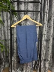 Floral Keten Bayan Pantolon mavi