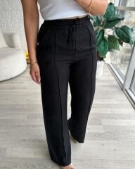 Floral Keten Pantolon Siyah