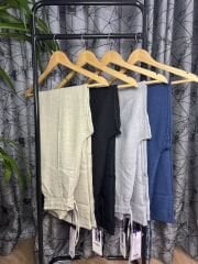 Floral Keten Pantolon Siyah