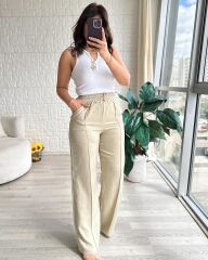 Floral Keten Pantolon Krem