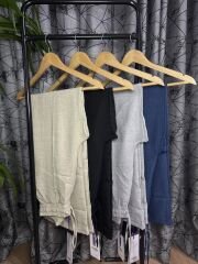 Floral Keten Pantolon Krem