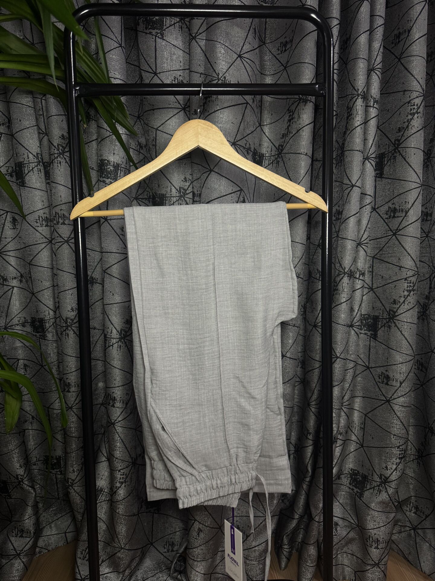 Floral Keten Pantolon Gri