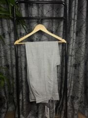 Floral Keten Pantolon Gri